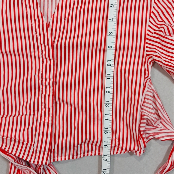 H&M Candy Stripe Red  White Cotton Tie Up Long Sleeve Blouse Top, Medium - Picture 13 of 14